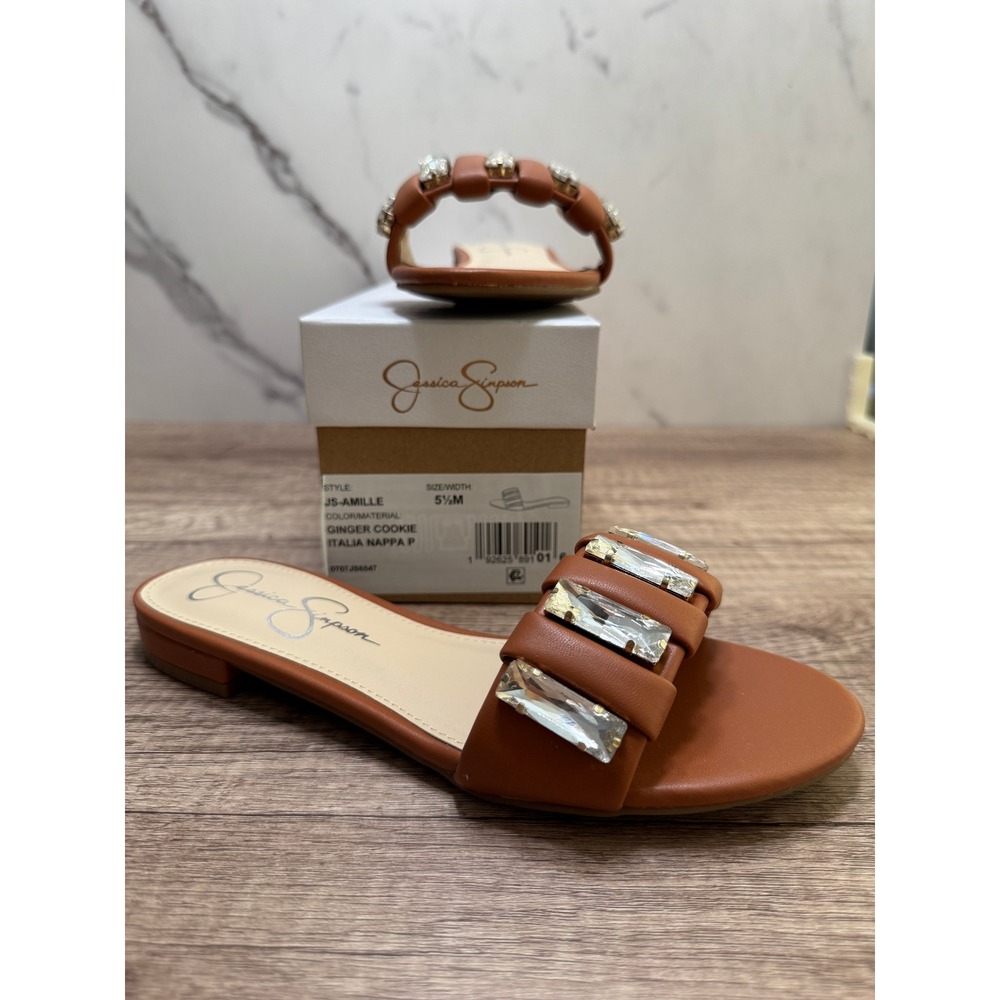 Jessica Simpson Amille‎ Slide Sandals Rhinestone Embellished Ginger Cookie 5.5M